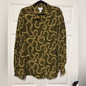 Vintage Linea by Louis Dell'Olio Pure Silk Green & Gold Chain Print Blouse Sz 3X